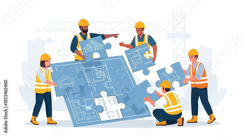 Construction workers assembling large puzzle pieces together