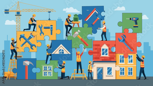 Construction workers building puzzle pieces of houses with tools