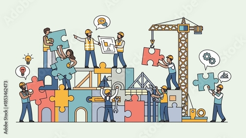 Teamwork and collaboration in modern construction project with puzzle pieces