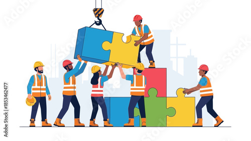 Diverse construction team assembling colorful puzzle pieces together