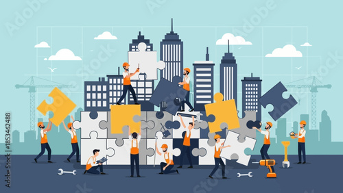 Construction workers building a city with puzzle pieces