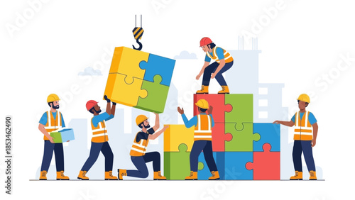 Diverse construction workers assembling colorful puzzle pieces together
