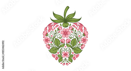An artistic heart shaped strawberry composed of delicate pink flowers and green leaves.