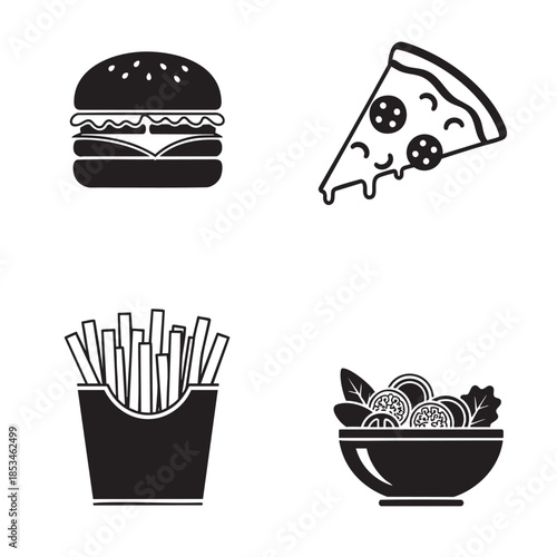 Simple Food Icons Including Burger Pizza Fries and Salad