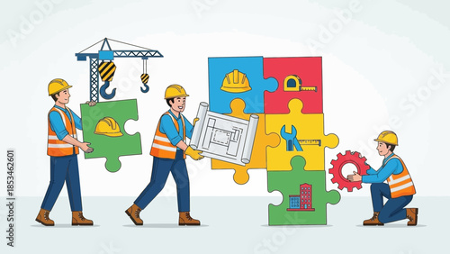 Construction workers assembling puzzle pieces for teamwork concept