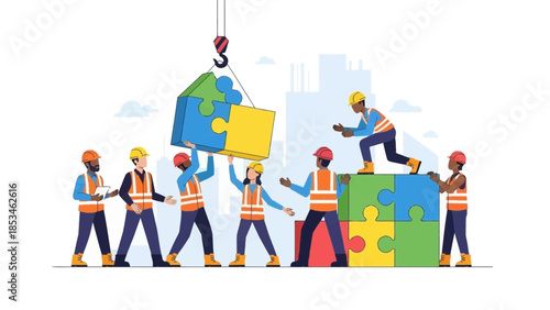 Diverse construction team building puzzle together outdoors