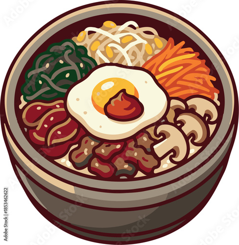 Traditional Korean Bibimbap Vector Illustration. Mixed Rice Bowl with Vegetables, Egg, and Gochujang.