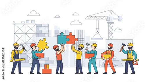Construction workers building puzzle pieces together at modern site