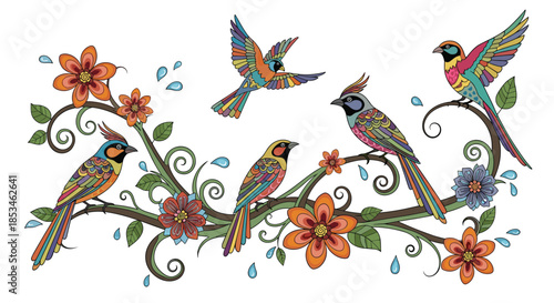 Vibrant colorful birds perched on a floral branch with swirling vines and small blue droplet details.
