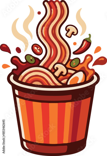 Spicy Instant Cup Noodle Vector Illustration. Ramen with Chili, Mushroom, and Red Broth Splash.