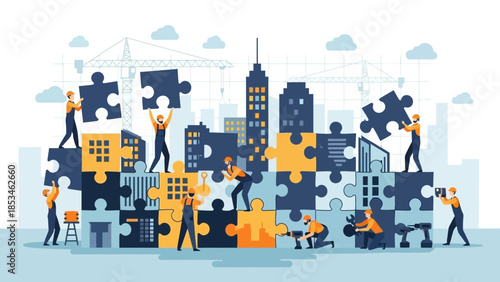 Teamwork in action building a city with puzzle pieces