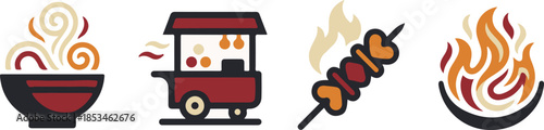 Korean Street Food Stall Icon Set. Ramen, Pojangmacha Cart, Spicy Skewer, and Cooking Fire Symbols.