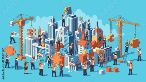 Construction workers building modern cityscape with puzzle pieces
