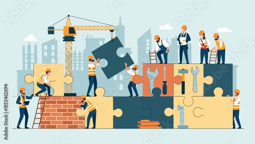 Construction workers building puzzle pieces together in city