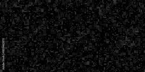 Intricate dark grey digital pattern featuring a dense mosaic of small pixelated squares and abstract geometric shapes on a black background creating a complex technical noise texture