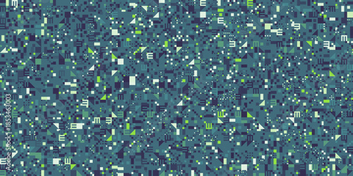 Digital abstract mosaic pattern with dense teal green and grey pixelated geometric shapes creating a complex data visualization and noise effect