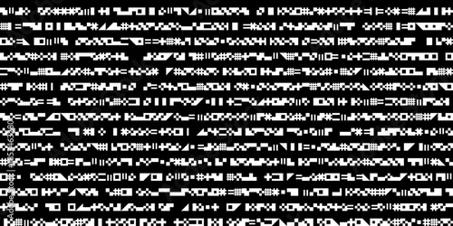 Monochrome digital pattern featuring horizontal rows of white pixelated glyphs and abstract symbols on a black background resembling lines of computer code