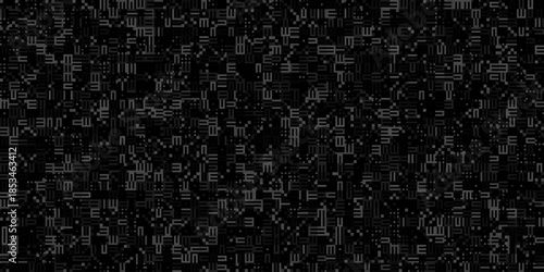Intricate dark grey digital pattern featuring a dense mosaic of pixelated glyphs and abstract geometric symbols creating a complex coded noise texture on a black background.