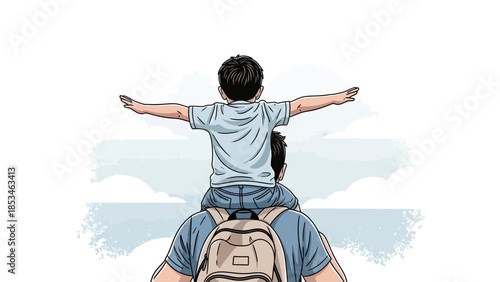 Father carrying son on shoulders with arms outstretched.