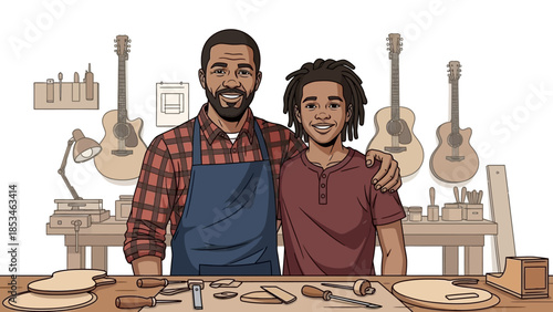 Father and son happily posing in a guitar workshop.