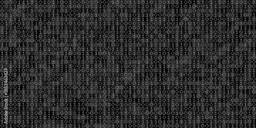 Intricate digital pattern featuring vertical binary code and pixelated glyphs on a dark background creating a complex matrix data stream effect