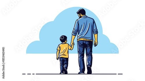 Father and son holding hands walking together.