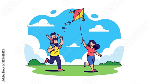 Family flying a kite on a sunny day outdoors.