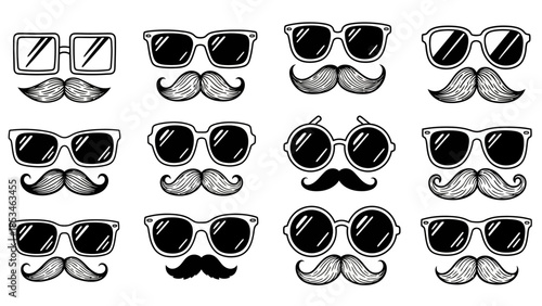 Collection of Hand Drawn Sunglasses and Mustaches Icons.