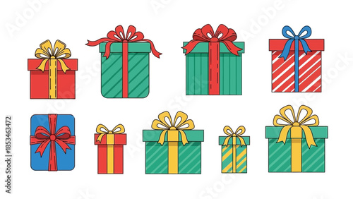 Collection of Festive Gift Boxes with Ribbons and Bows.