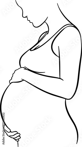 Outline illustration of a pregnant woman holding her belly, symbolizing maternal care, new life, and anticipation