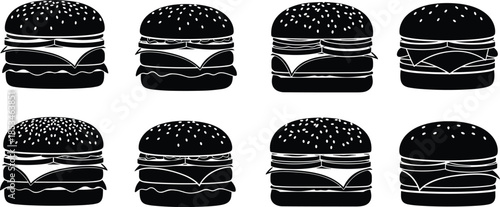 Vector Illustration of Burger Silhouette Set, Featuring Delicious Cheeseburgers with Sesame Buns and Toppings for Fast Food Menu and Restaurant Branding Concepts