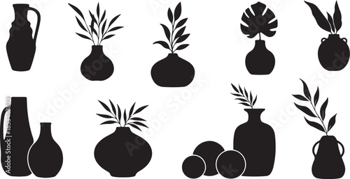 Black silhouettes of various vases and plants on white