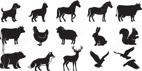 Black silhouettes of various farm and wild animals