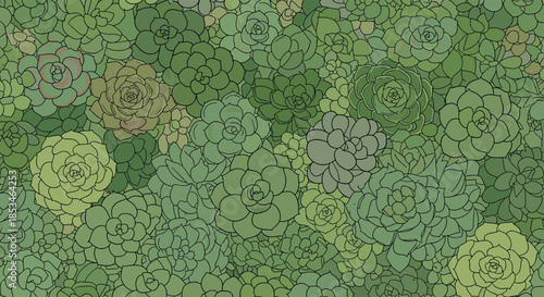 Abstract pattern of various green and brownish succulents in a detailed close-up view.