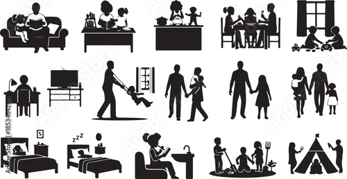 Family life and daily activities in silhouette
