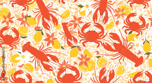 A vibrant seamless pattern featuring red lobsters and crabs interspersed with bright yellow lemons and delicate white flowers on a creamy background.