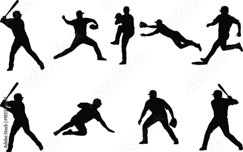 Baseball player silhouettes vector set batting pitching catching running poses isolated on white background illustration for sport design commercial use