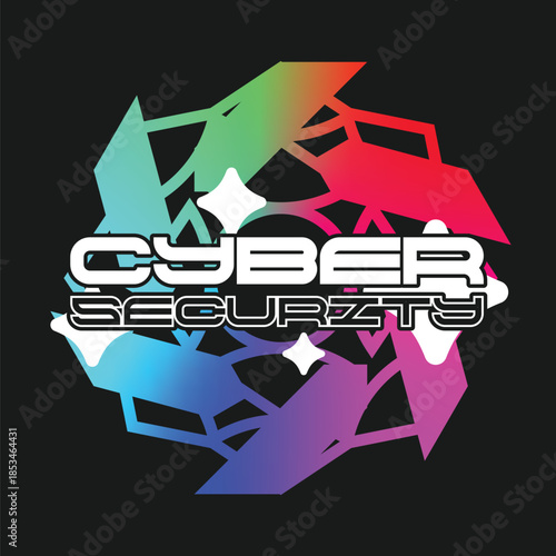 Cyber Security Cyberpunk Style Symbol Logo Template, Bold White Futuristic Typography with Black Outlines placed on Rainbow Neon Edgy Abstract Circle Shapes, Black Backdrop