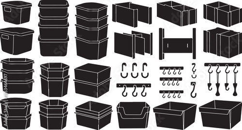 Black and white illustration of various storage containers and hooks