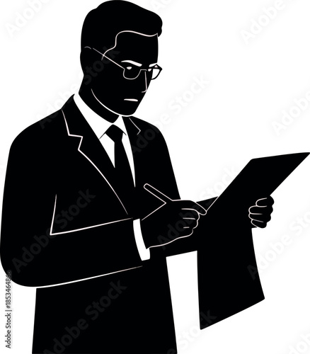 Black and White Silhouette of Businessman Reading Document in Formal Suit and Glasses