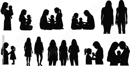 Vector Illustration of Mother and Child Silhouette Set, Featuring Women with Babies and Young Children for Family Care, Parenting, and Motherhood Concepts