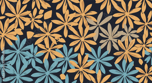 A close up view of a floral pattern with yellow and blue flowers on a dark background.