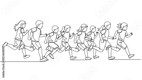 One continuous line drawing of a group of diverse children running a race. Kids showing teamwork and active lifestyle.