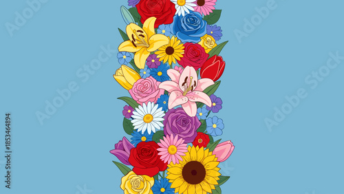 Vibrant Floral Vertical Border. Seamless pattern with diverse colorful blossoms and leaves on a cheerful blue background.