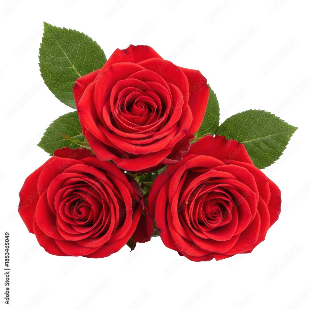 Naklejka premium Trio of elegant red roses with green leaves, beautiful floral arrangement as an isolated subject for romantic and wedding graphics.