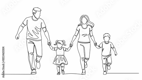 Happy family of four walking hand-in-hand. Continuous line art illustration of parents and two children, unity concept.