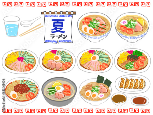 A collection of various delicious Japanese ramen dishes, including cold ramen and gyoza, with chopsticks and water glass.