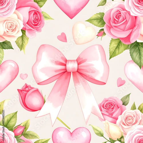 Romantic floral pattern with hearts and bows