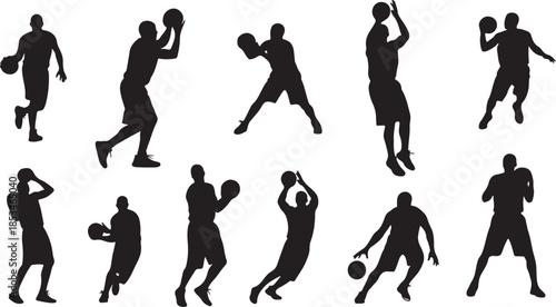 Black silhouettes of basketball players in various poses