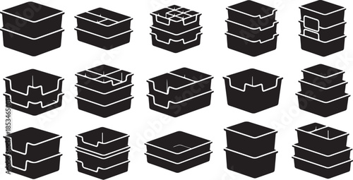 Black and white illustration of various takeout containers